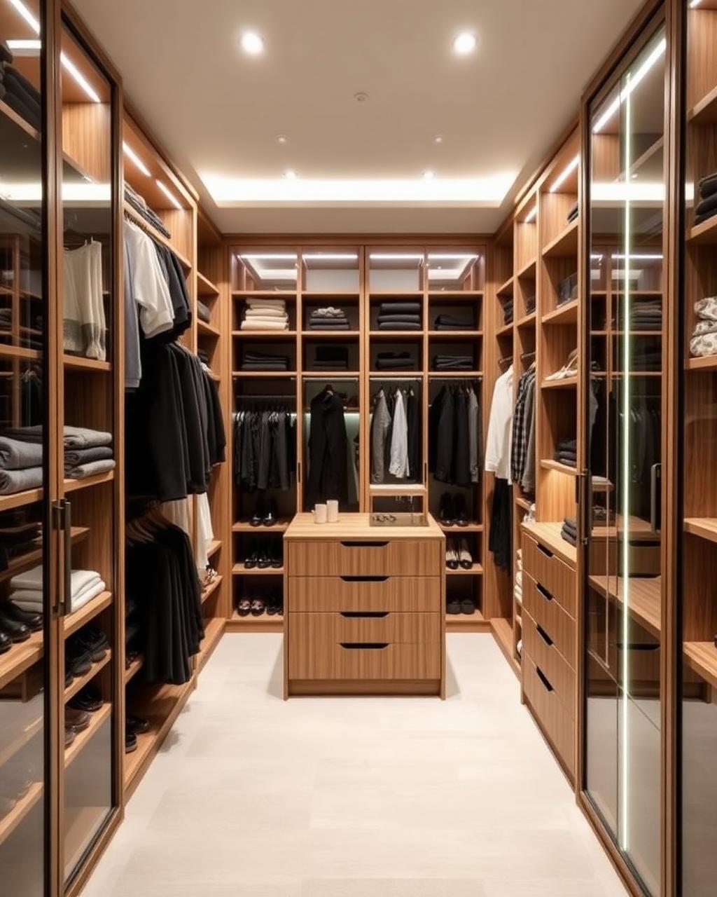 Closet planejado com prateleiras abertas e iluminação embutida